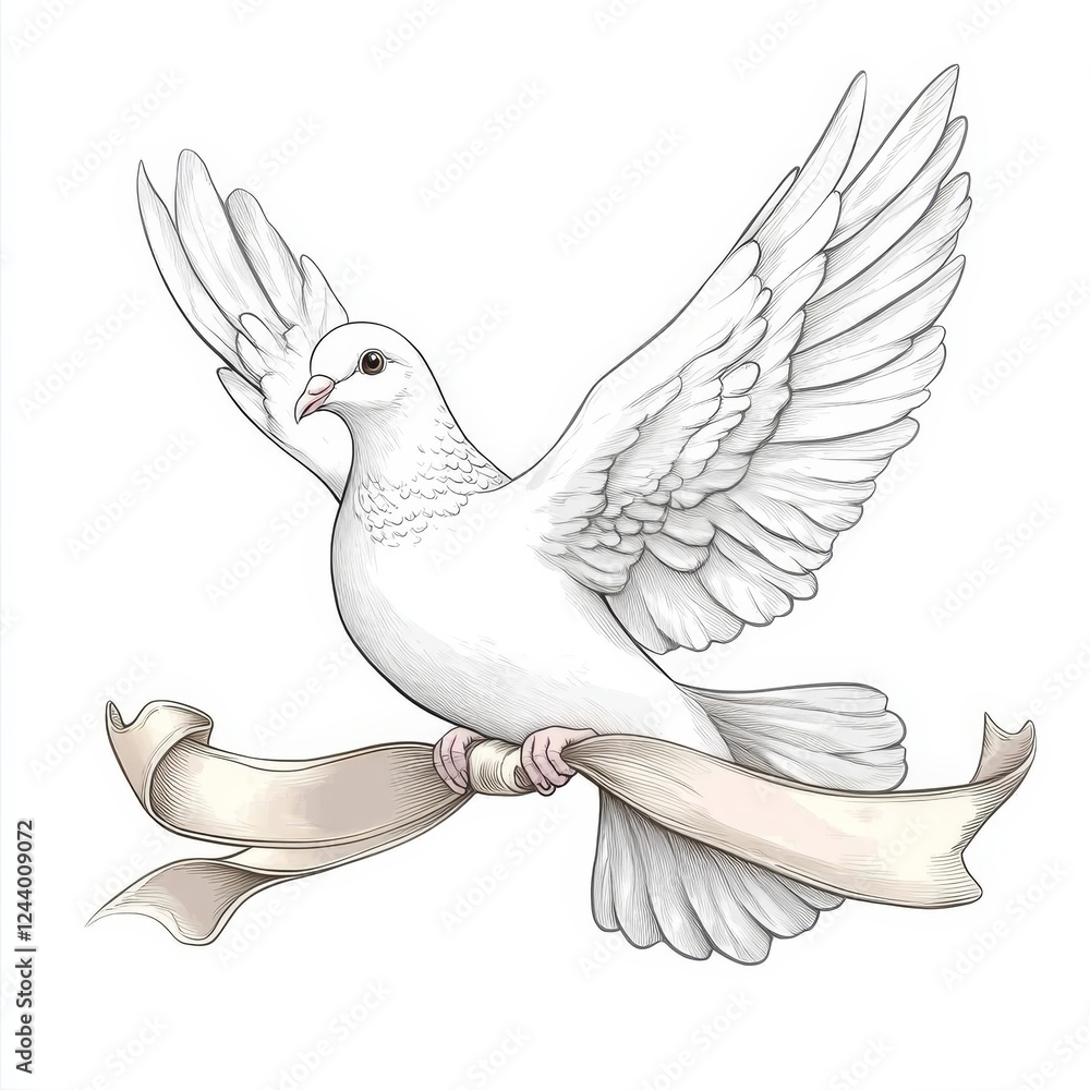 Obraz premium A serene white dove in flight, gracefully holding a ribbon, symbolizing peace and hope.