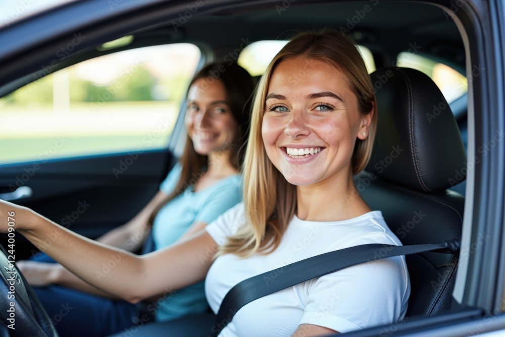 Two Young Women Smiling as They Enjoy a Drive Together in a Car on a Sunny Day, Exuding Friendship and Joy in a Laid-Back Atmosphere Two Young Women Smiling as They Enjoy a Drive Together in a Car on a Sunny Day, Exuding Friendship and Joy in a Laid-Back Atmosphere