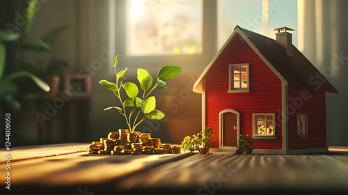 Wallpaper Mural warm & cozy red miniature model home next to young plant and gold coins - house buying - real estate, property, mortgage, investment, growth  Torontodigital.ca
