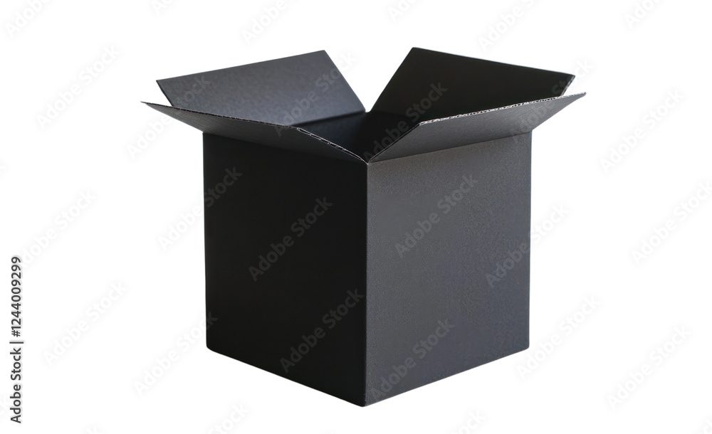 An empty black cardboard box with crisp corners and no design elements, positioned on a bright white background An empty black cardboard box with crisp corners and no design elements, positioned on a bright white background