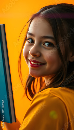 Close-up portrait of her she nice attractive lovely charming cute cheerful cheery playful pre-teen girl holding on head book class course isolated over bright vivid shine orange background, silhouet photo