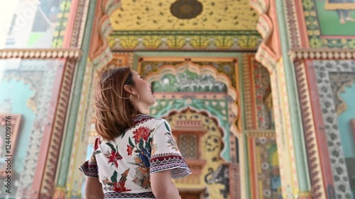 An Asian woman photographing while traveling through the artistic Patrika Gate, the ninth gate of Jaipur, Rajasthan, India