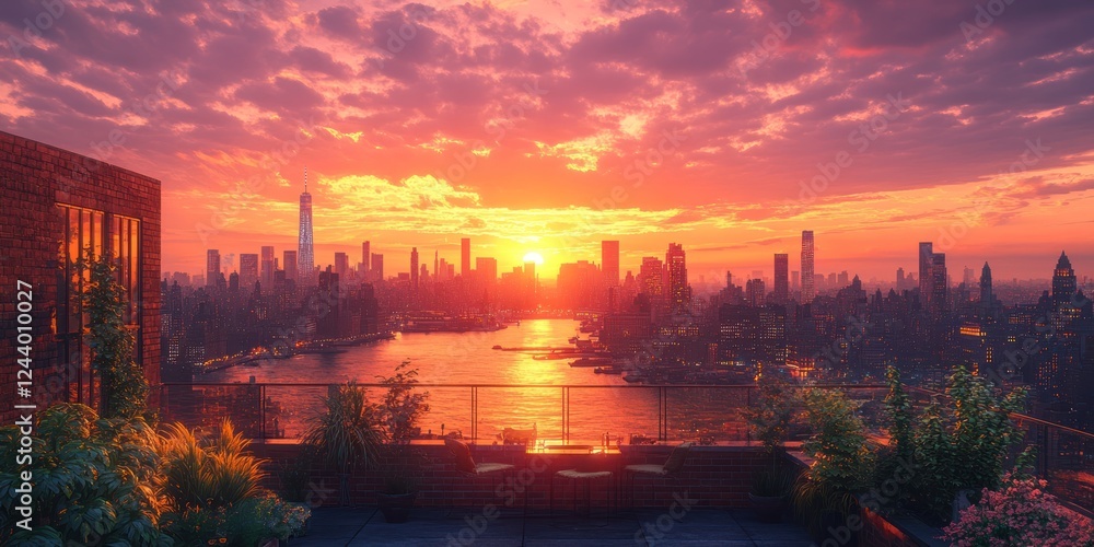 Naklejka premium Spectacular Sunset over Manhattan Skyline from Rooftop Terrace