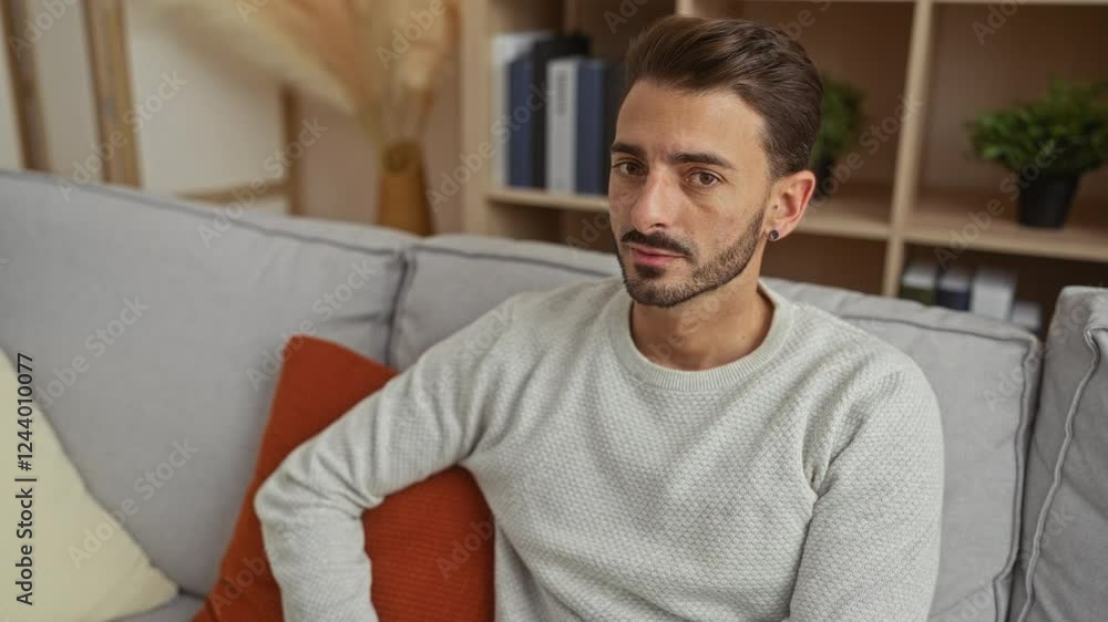 Handsome man relaxing on a couch in a cozy living room with modern decor and neutral colors Handsome man relaxing on a couch in a cozy living room with modern decor and neutral colors