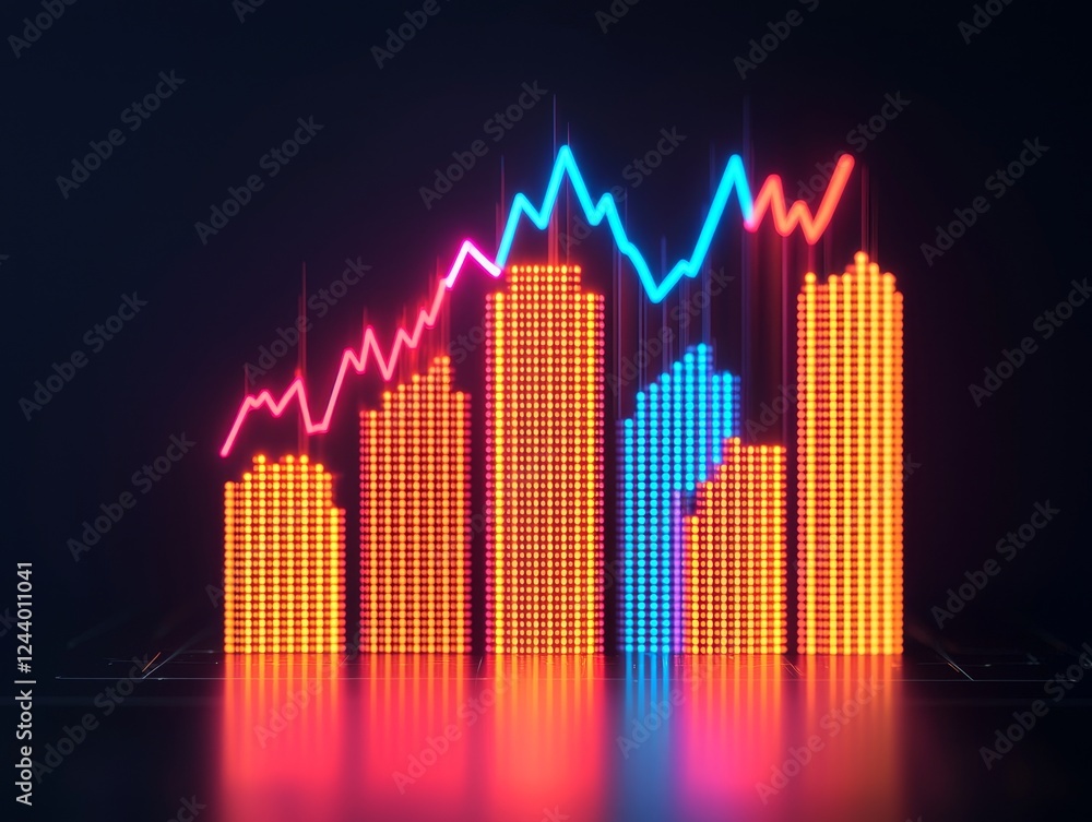 A vibrant digital graph shows rising trends with colorful bars and lines representing data fluctuations and performance metrics. A vibrant digital graph shows rising trends with colorful bars and lines representing data fluctuations and performance metrics.