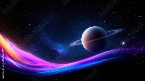 Vibrant Cosmic Planet With Rings In A Starry Galaxy