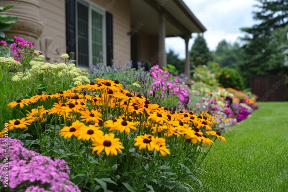 Beautiful black-eyed susan flowers blooming in a vibrant garden border, adding a touch of color to the landscape near a suburban home Beautiful black-eyed susan flowers blooming in a vibrant garden border, adding a touch of color to the landscape near a suburban home