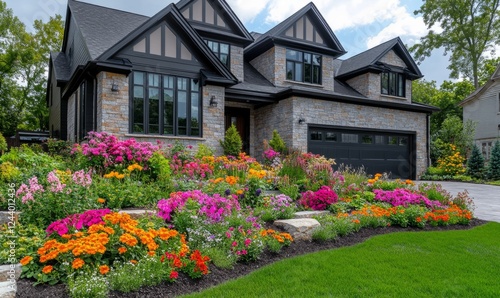 Fototapeta Naklejka Na Ścianę i Meble -  Beautiful suburban house with colorful flower garden blooming in summer