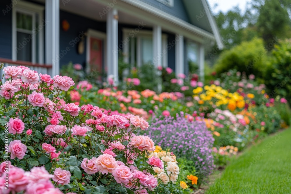 Fototapeta premium Colorful roses blooming beautifully beside a charming house