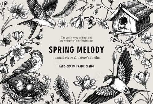 Rococo spring background. Easter frame design template. Hand-drawn flowers, flying birds, and cherry blossom vector illustration sketch. NOT AI generated