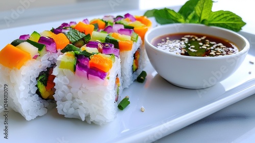 Vibrant Vegetable Sushi Rolls with Soy Sauce and Mint Garnish