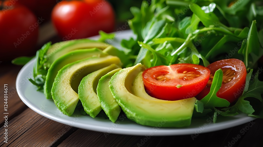 Avocado, tomato, arugula salad on wooden table; healthy eating Avocado, tomato, arugula salad on wooden table; healthy eating