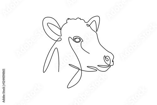 One continuous single-line drawing of cow face. Pet animal silhouette in simple, minimal, linear style. Elegance Doodle vector illustration in editable stroke. 