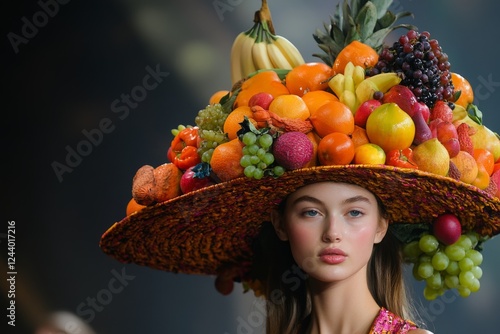 Model showcasing an extravagant, fruit-laden hat during a fashion show, highlighting unique and creative headwear