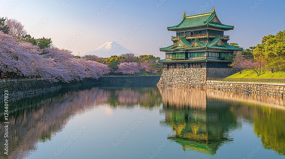 Japanese Castle, Cherry Blossoms, Fuji Mountain, Morning Reflection Japanese Castle, Cherry Blossoms, Fuji Mountain, Morning Reflection