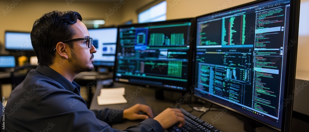 Focused programmer working late, analyzing data on multiple monitors. Intense coding session in a modern office. Focused programmer working late, analyzing data on multiple monitors. Intense coding session in a modern office.
