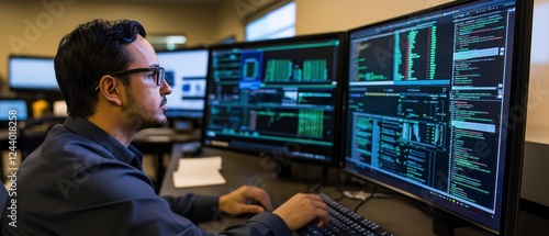 Focused programmer working late, analyzing data on multiple monitors.  Intense coding session in a modern office.