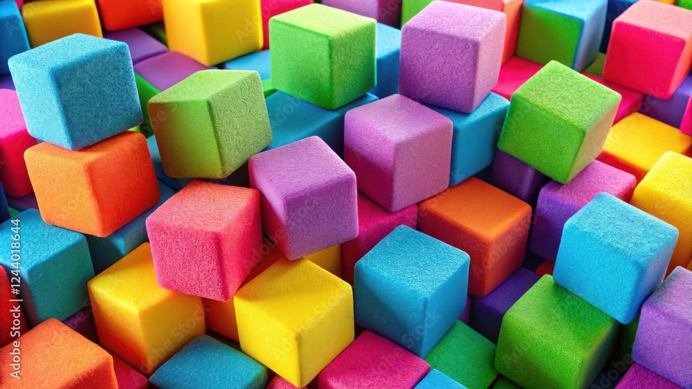 A vibrant pile of colorful foam blocks, a cheerful and playful texture A vibrant pile of colorful foam blocks, a cheerful and playful texture