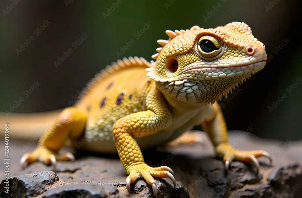 Fototapeta premium Close-up portrait of yellow iguana, blurred background, selective focus