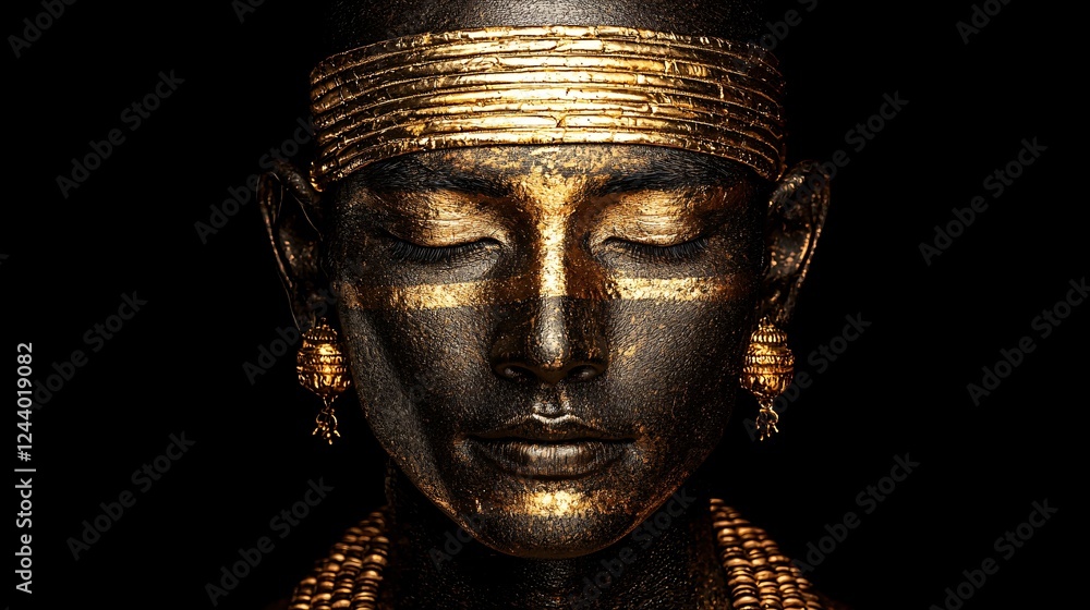 Golden-painted woman, serene pose, black background, cultural art Golden-painted woman, serene pose, black background, cultural art