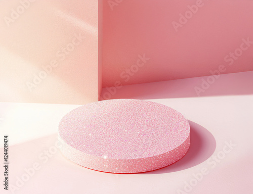 round platform with shimmering pastel pink glitter is set against soft pink background, creating dreamy and elegant atmosphere. glittery surface catches light beautifully photo