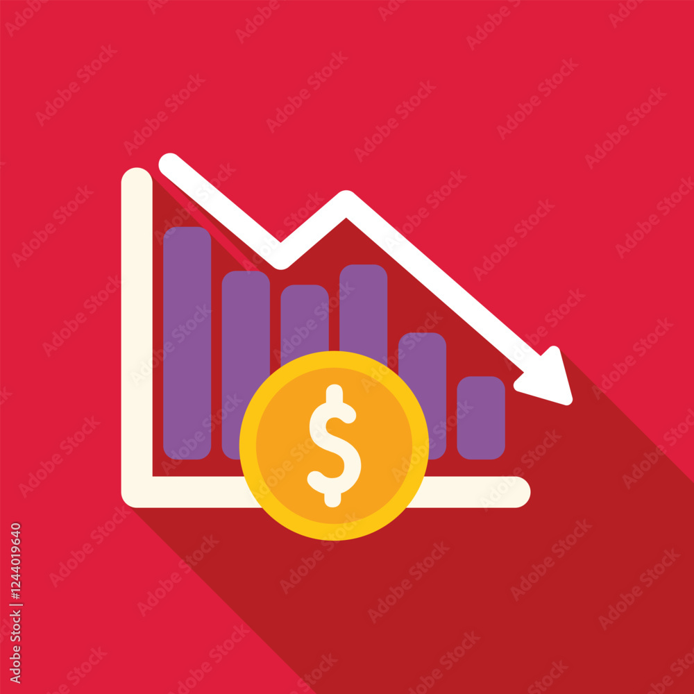 Bar graph showing decreasing trend and dollar coin, representing financial crisis and economic downturn Bar graph showing decreasing trend and dollar coin, representing financial crisis and economic downturn