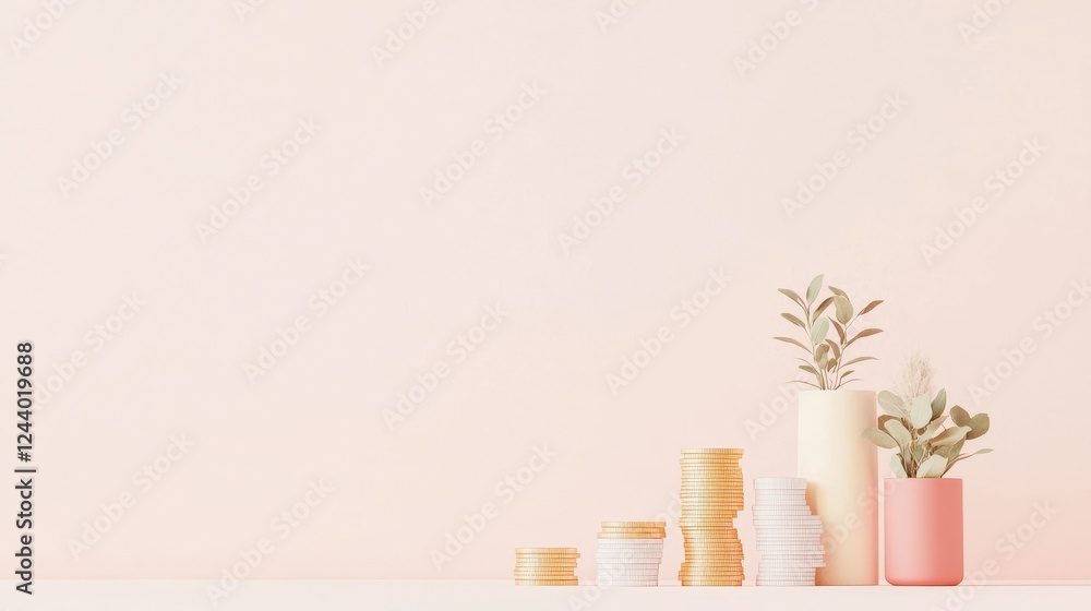 Minimalist Still Life with Stacked Coins and Elegant Plant Decorations on Soft Background Minimalist Still Life with Stacked Coins and Elegant Plant Decorations on Soft Background
