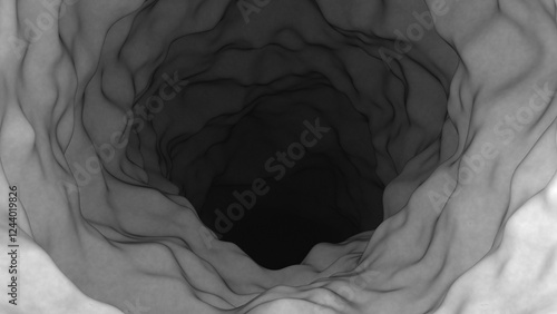 Deep Cave, circular tunnel, grayscale, 3D