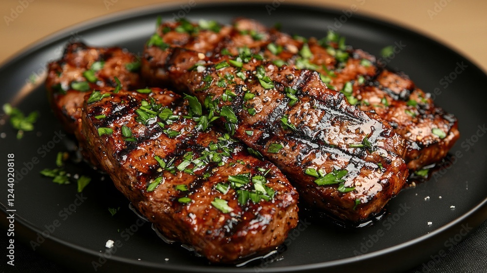 A tantalizing array of perfectly grilled steak pieces, caramelized on the outside, glistening with savory juices and adorned with vibrant green herbs. An ideal feast for meat lovers A tantalizing array of perfectly grilled steak pieces, caramelized on the outside, glistening with savory juices and adorned with vibrant green herbs. An ideal feast for meat lovers