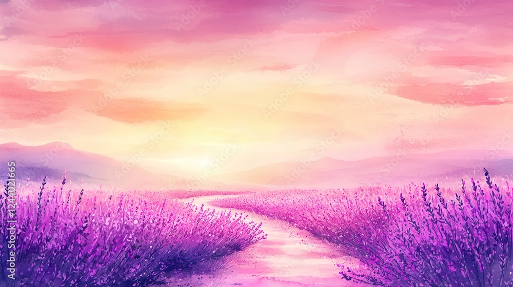 Winding Pathway Through Blooming Lavender Fields at Sunset Winding Pathway Through Blooming Lavender Fields at Sunset