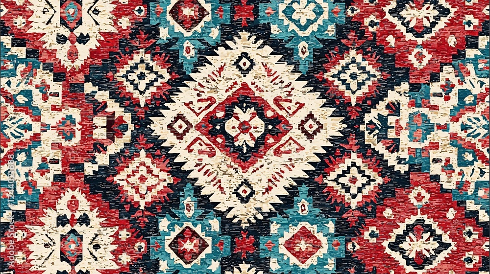 Red, blue, and beige rug textile pattern Red, blue, and beige rug textile pattern