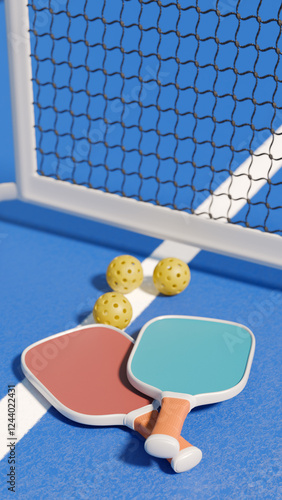 Two paddles and balls on a blue court, ready for a game of pickleball. 3d rendering