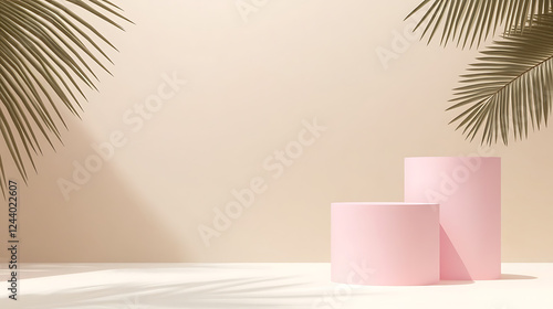 3d render pink podium on beige background and palm leaf shadow Simple geometric showcase scene with empty podium for product presentation Abstract background 3d illustration3d render pink podium on photo