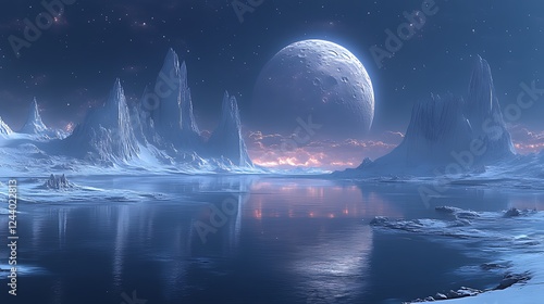 Alien planet icy lake moonset fantasy landscape
