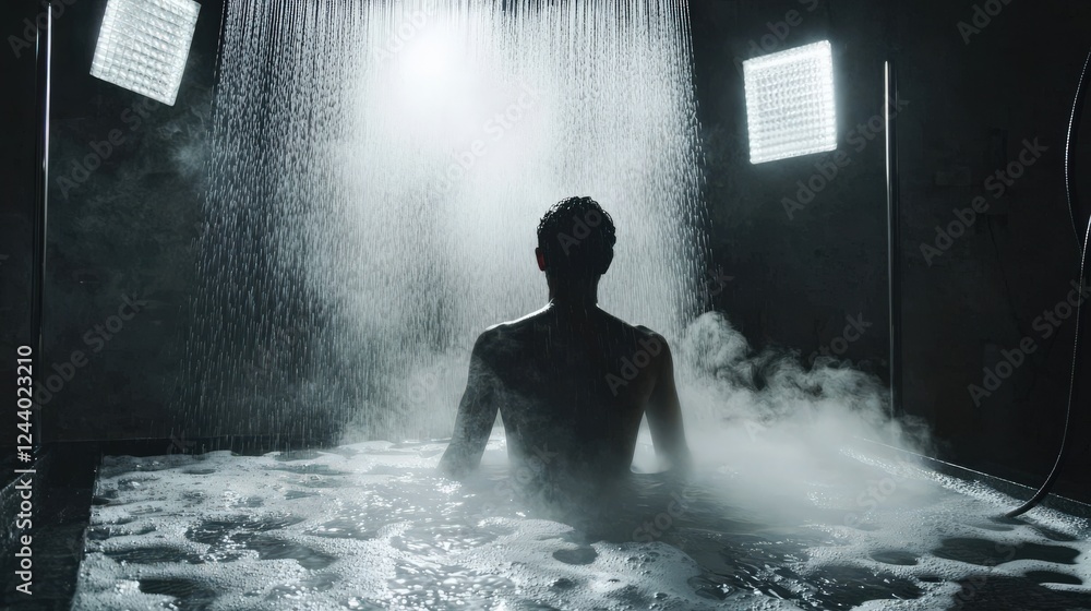 Obraz premium A cinematic capture of a person stepping into a shower, with steam rising around them, and sharp studio lights highlighting the flow of water