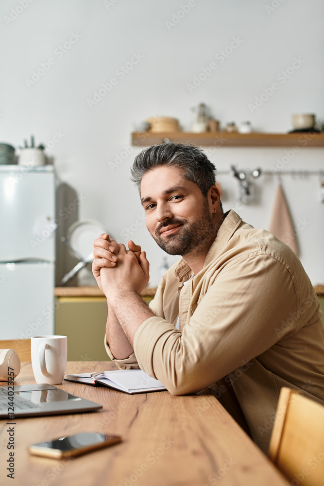 Engaging man seated at table in cozy kitchen setting enjoying a moment of reflection Engaging man seated at table in cozy kitchen setting enjoying a moment of reflection