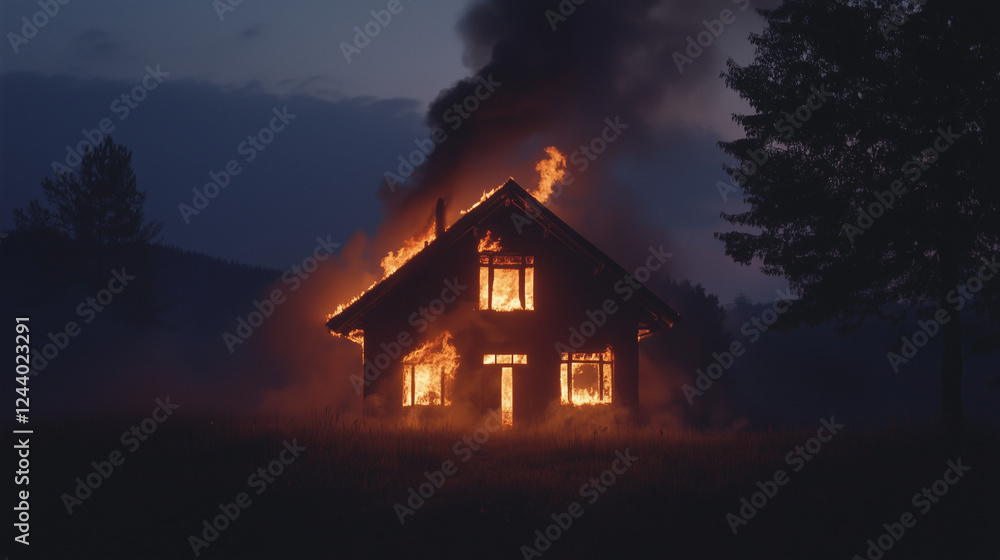 Burning cabin in the mountains at night, symbolizing danger and mystery Burning cabin in the mountains at night, symbolizing danger and mystery