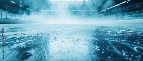 Professional ice hockey rink with dramatic lighting, fog, skate marks. Panoramic scene with winter sports arena for competition, championship. Sport background.Generative ai photo