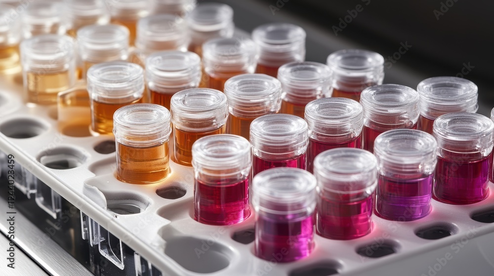 A medium closeup of a sample loading area featuring vials containing various biological samples that are ready for purification illustrating the diversity of proteins being processed A medium closeup of a sample loading area featuring vials containing various biological samples that are ready for purification illustrating the diversity of proteins being processed
