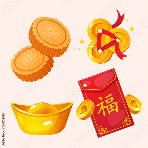 Chinese national symbols collection with hongbao envelope, golden chinese coins, golden ingots and mooncakes.