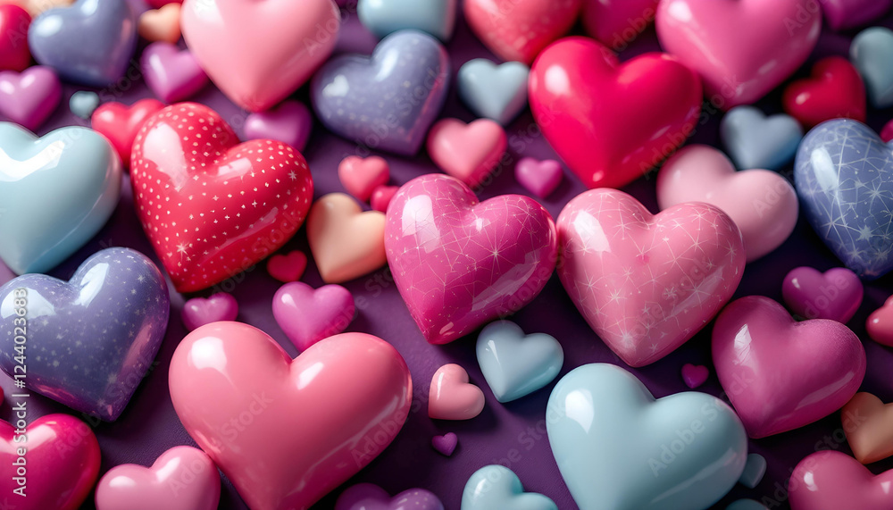 Fototapeta premium Colorful picture with glossy hearts of different sizes and colors on purple background for St. Valentine's Day 