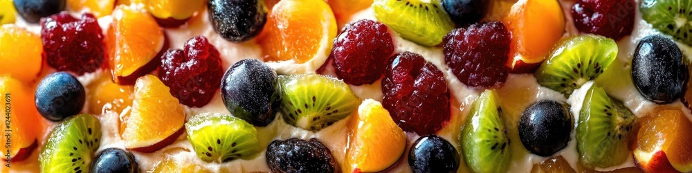 A delicious-looking cake filled with fresh fruit, perfect for a party or special occasion A delicious-looking cake filled with fresh fruit, perfect for a party or special occasion