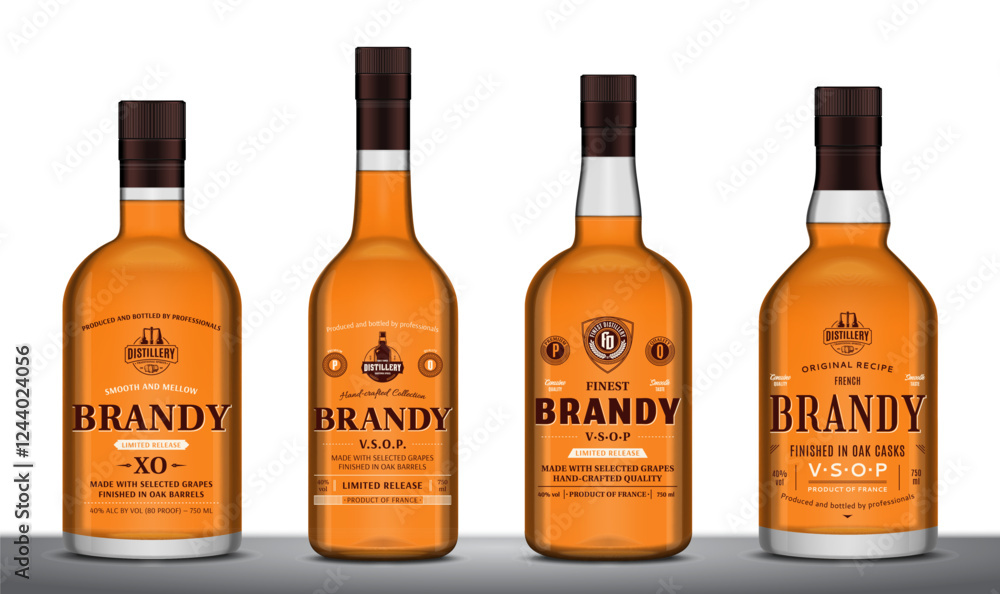 Vector brandy labels and brandy or cognac glass bottle mockups Vector brandy labels and brandy or cognac glass bottle mockups