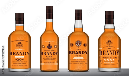 Vector brandy labels and brandy or cognac glass bottle mockups