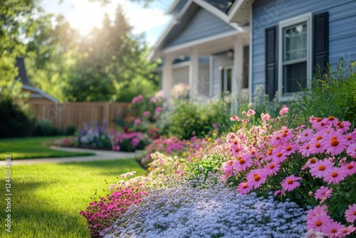 Fototapeta Naklejka Na Ścianę i Meble -  Lush flower garden blooming in the front yard of a suburban house during a sunny summer day