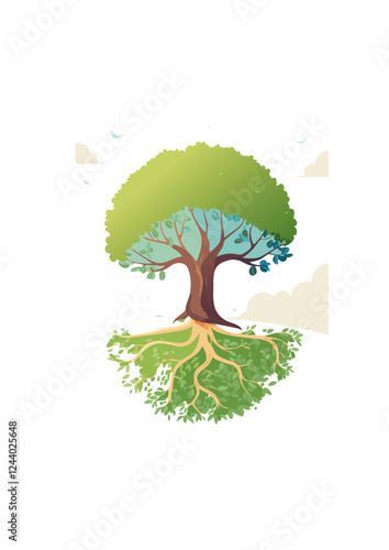 Tief verwurzelter Baum mit weit verzweigtem Wurzelsystem – Symbol für Stärke und Beständigkeit
