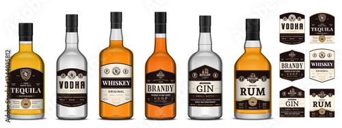 Vector alcoholic drink labels and bottles. Whiskey, vodka, tequila, rum, brandy and gin labels
