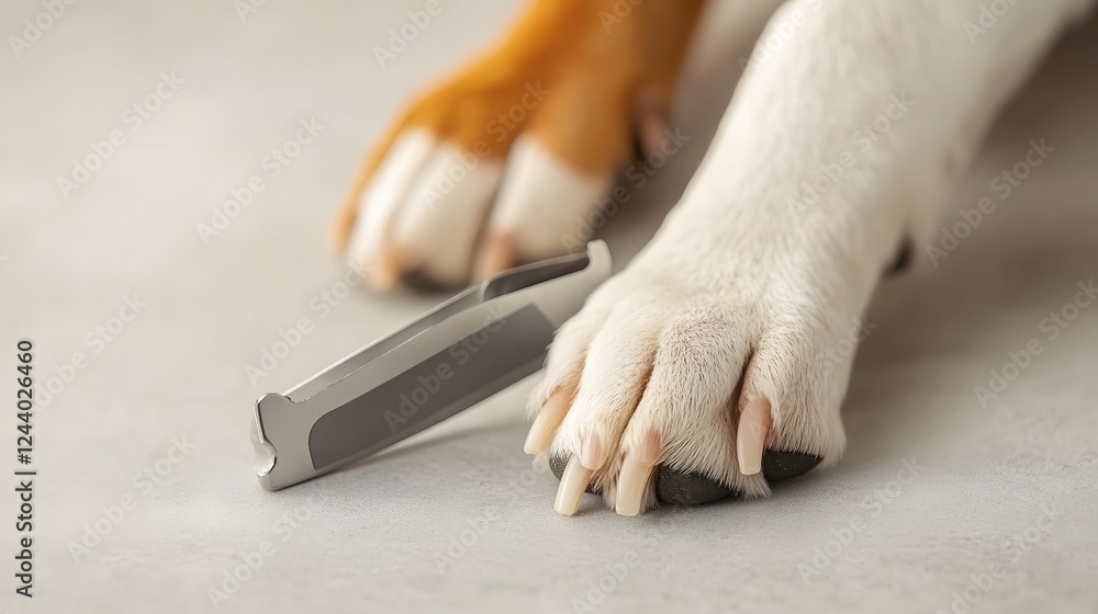 Obraz premium Close-Up Specialized Pet Nail Clipper with Safety Guard Next to Dog Paw