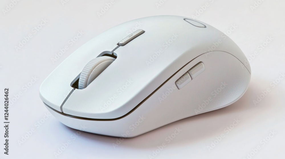 A computer mouse sits on a clean and simple white surface, ideal for showcasing technology or office settings A computer mouse sits on a clean and simple white surface, ideal for showcasing technology or office settings
