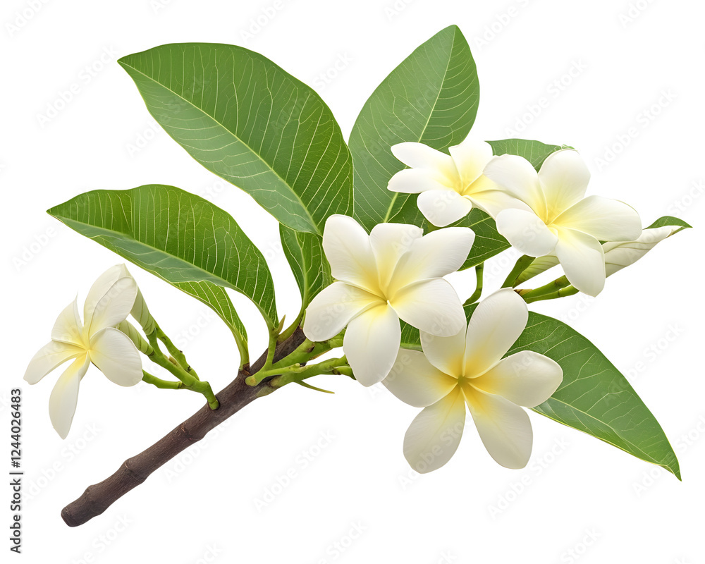 Fototapeta premium Frangipani branch with blooming white flowers and green leaves, isolated on white background.